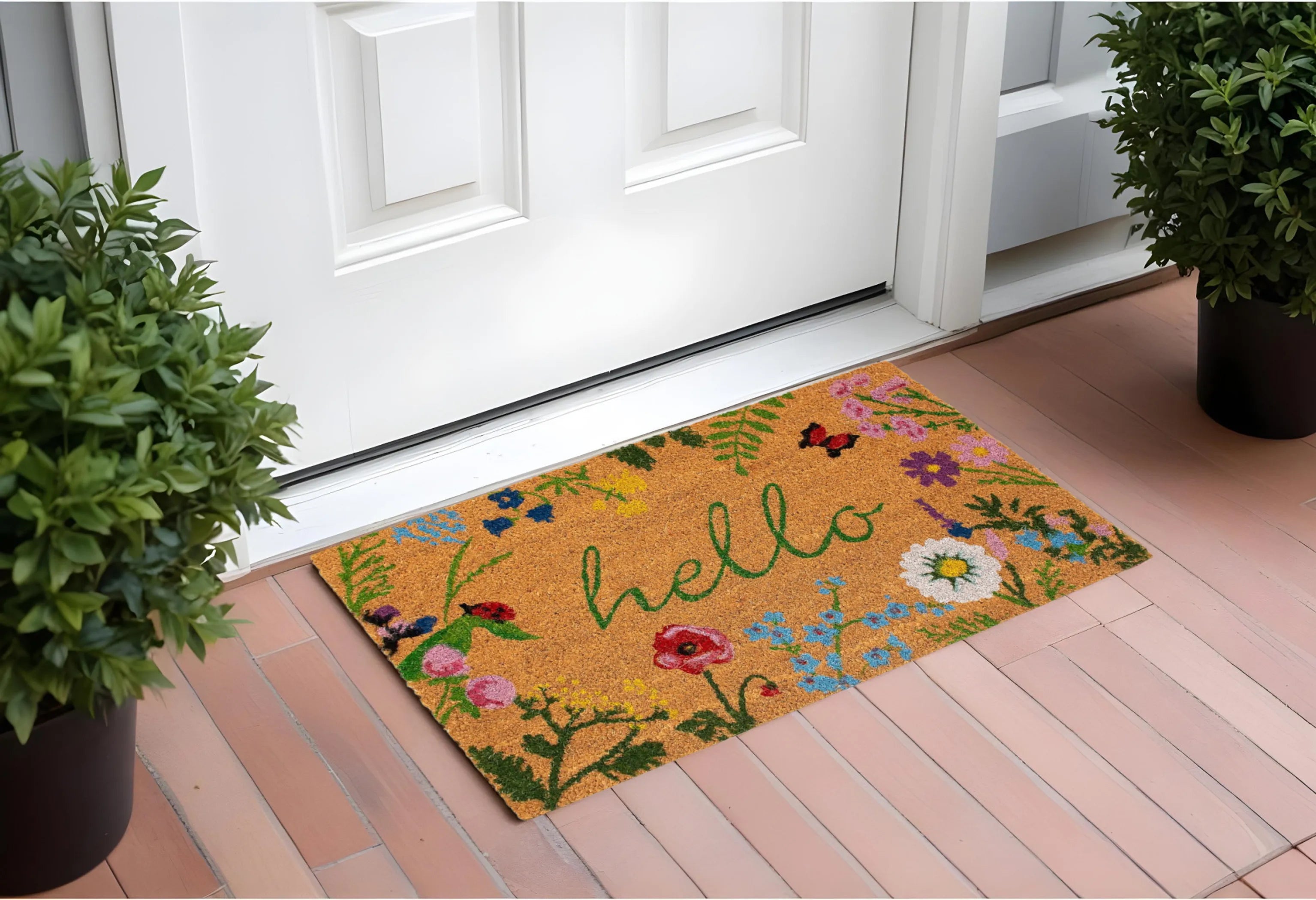 24" X 36" Natural and Green Coir Floral Hello Outdoor Door Mat
