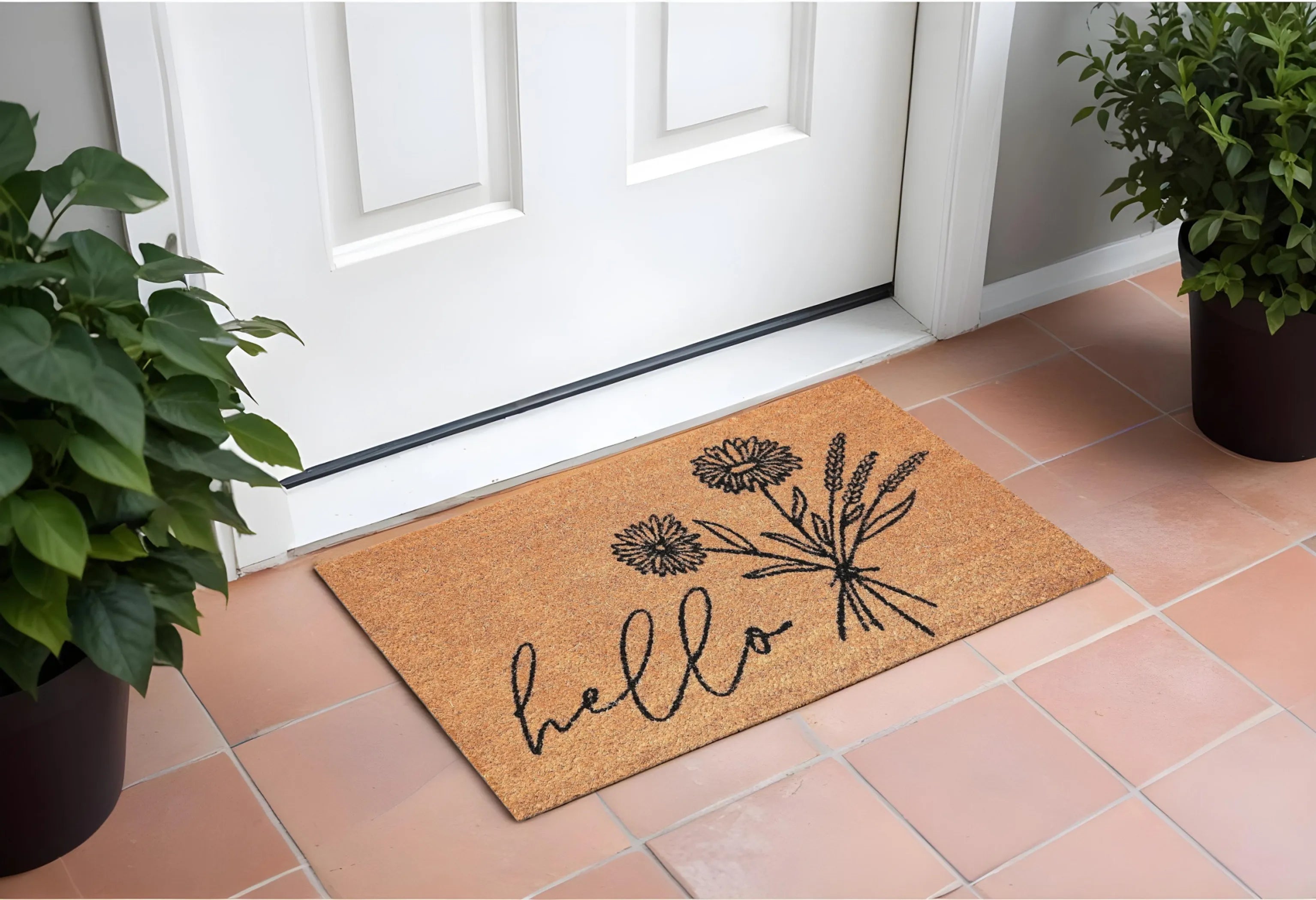24" X 36" Natural and Black Coir Floral Hello Outdoor Door Mat