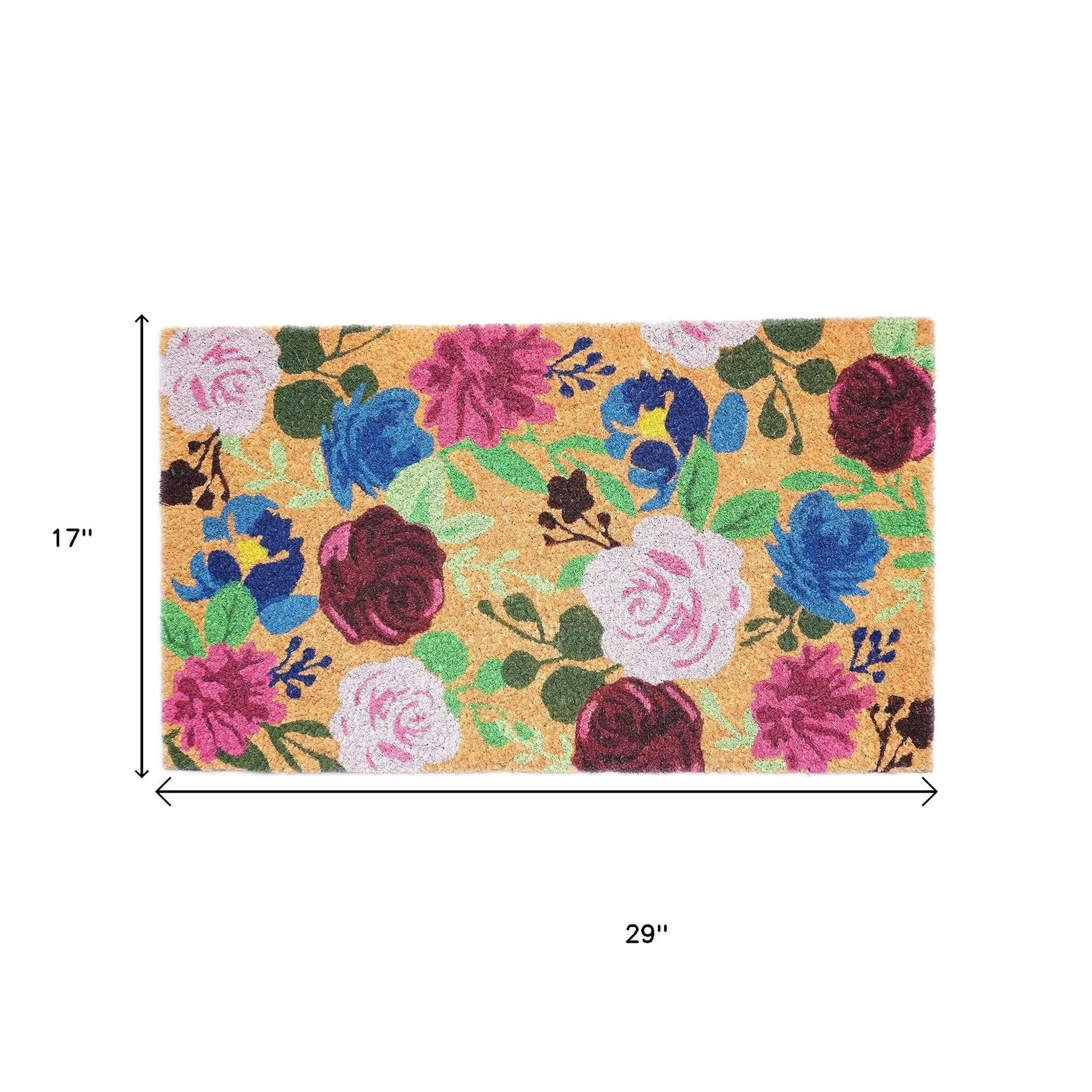 17" X 29" Natural Pink And Blue Floral Outdoor Coir Door Mat