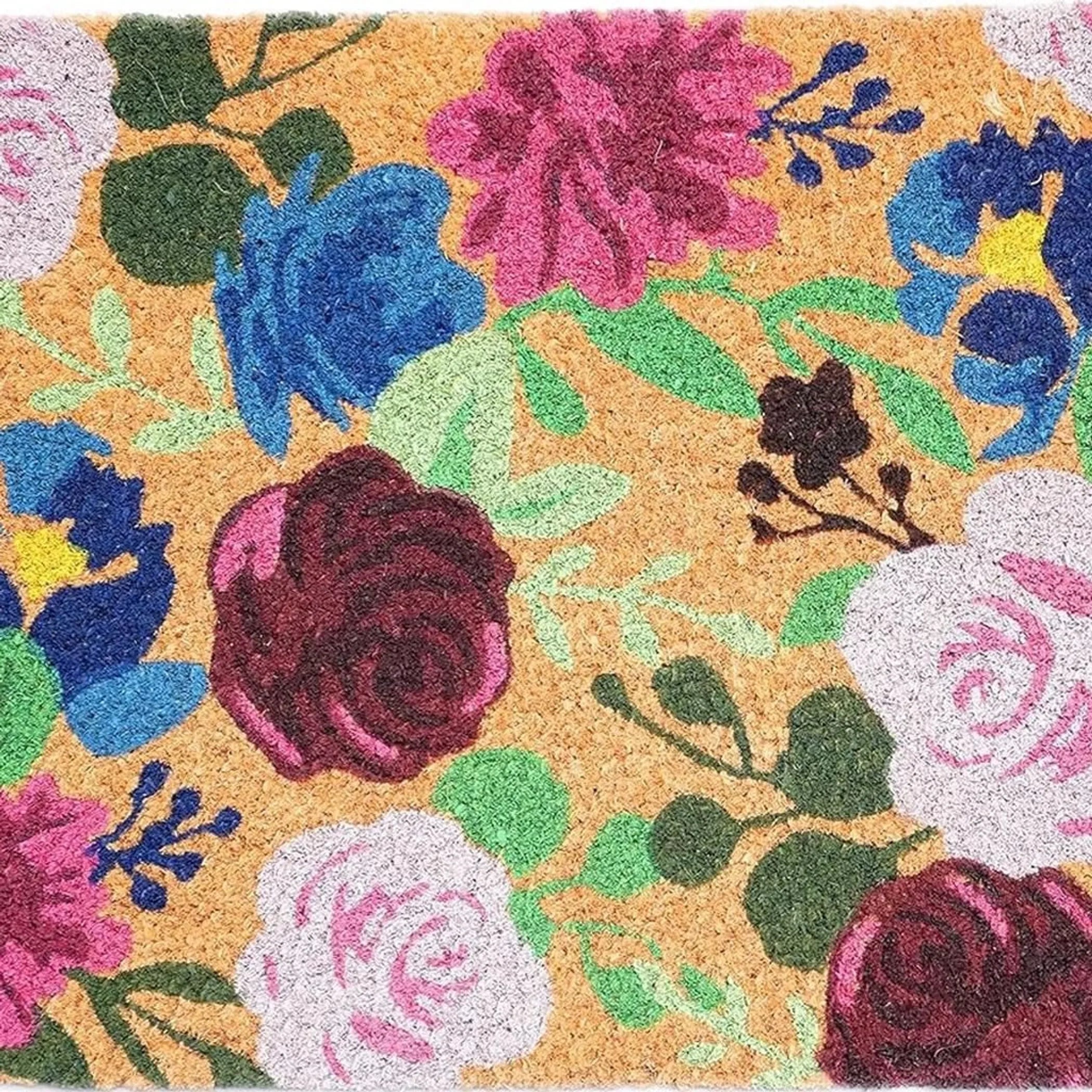 17" X 29" Natural Pink And Blue Floral Outdoor Coir Door Mat
