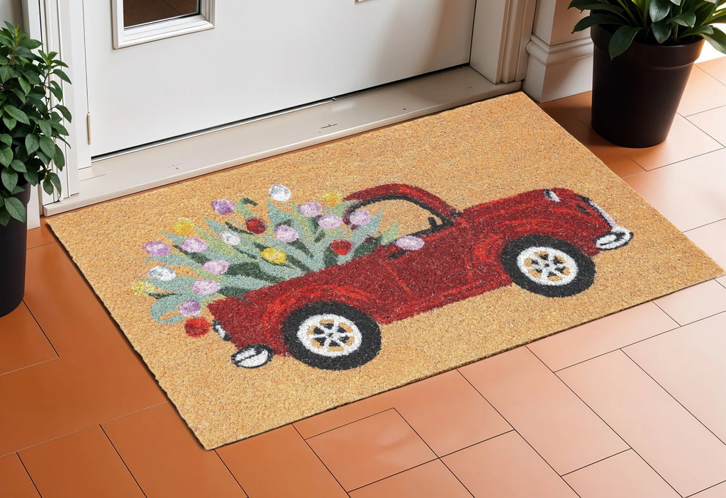 17" X 29" Natural And Red Floral Outdoor Coir Door Mat