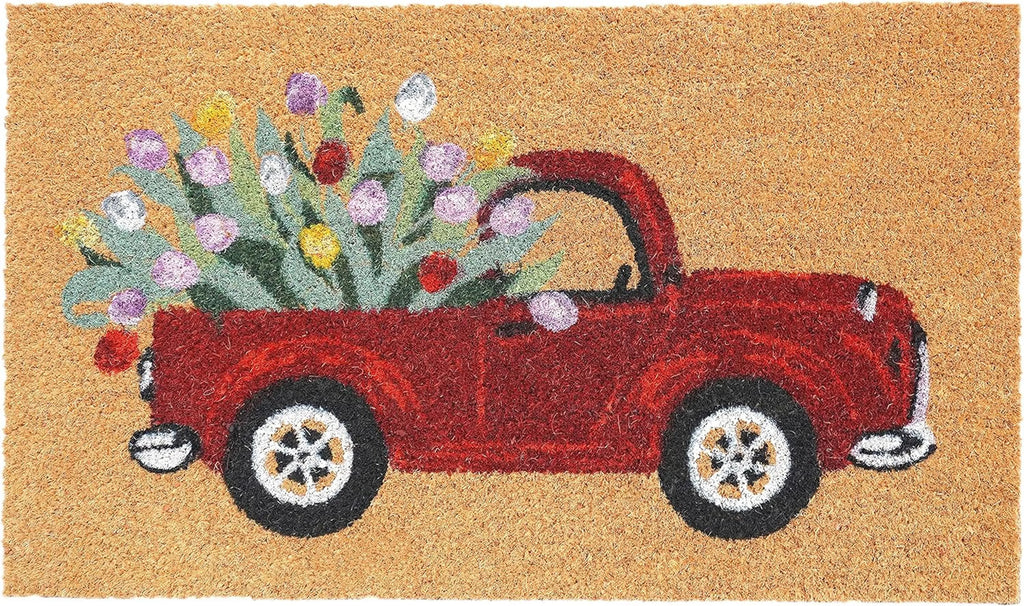 17" X 29" Natural And Red Floral Outdoor Coir Door Mat