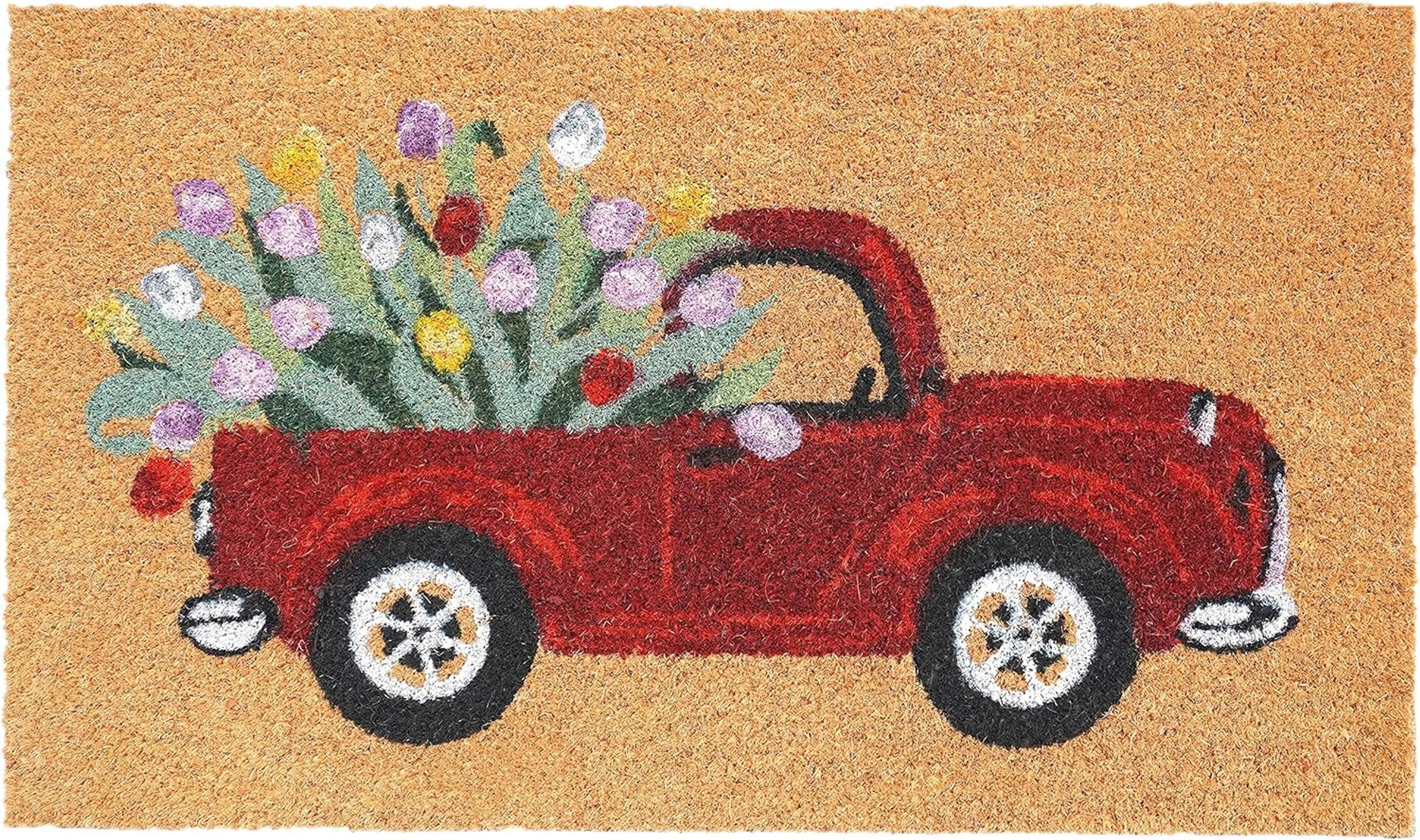 17" X 29" Natural And Red Floral Outdoor Coir Door Mat
