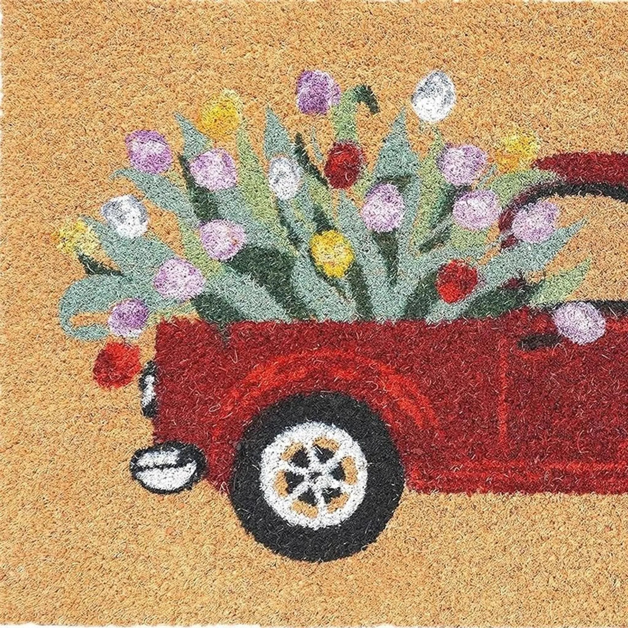 17" X 29" Natural And Red Floral Outdoor Coir Door Mat