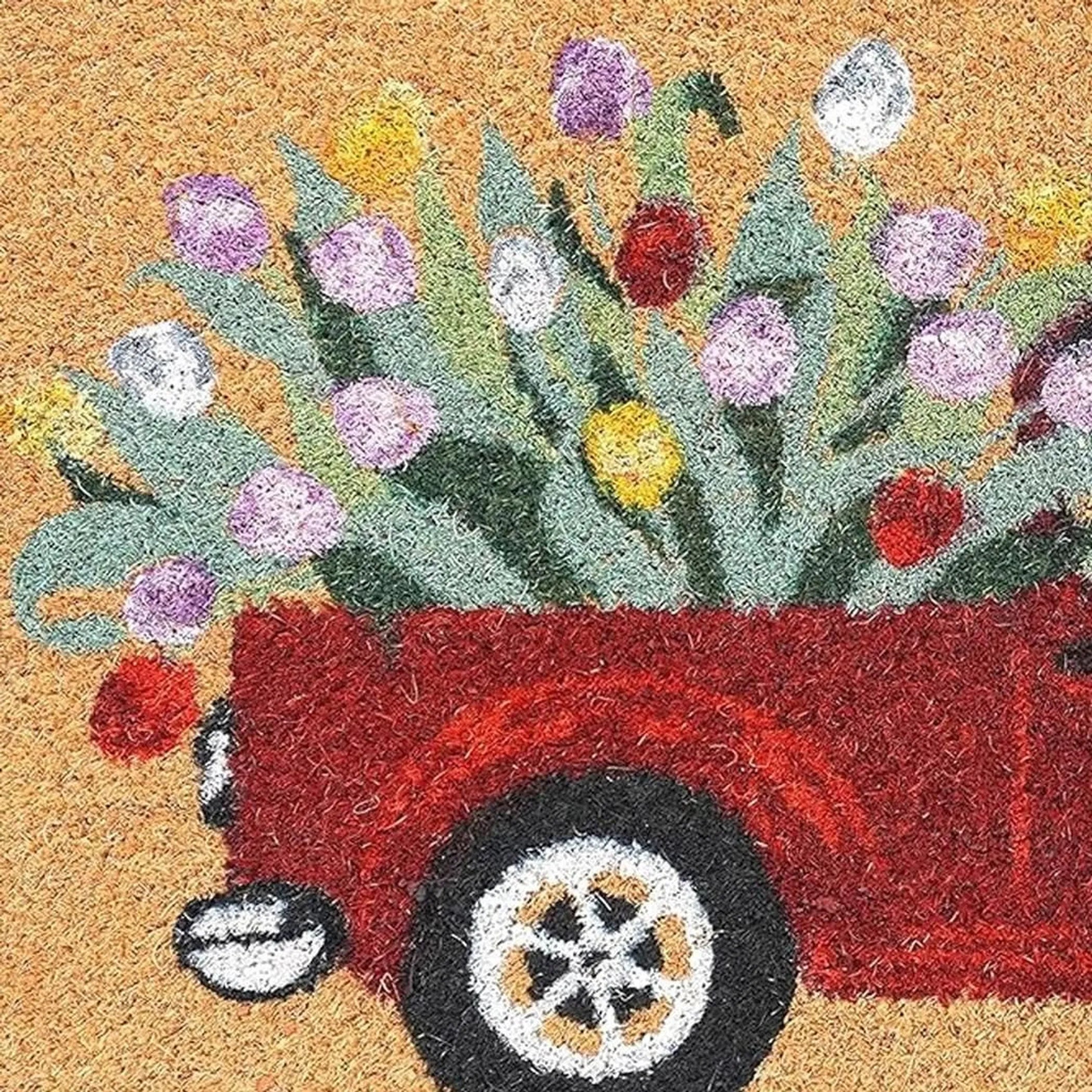 17" X 29" Natural And Red Floral Outdoor Coir Door Mat