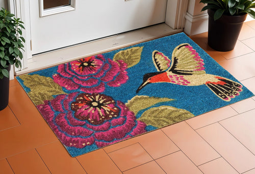 17" X 29" Blue Pink And Green Hummingbird Outdoor Coir Door Mat