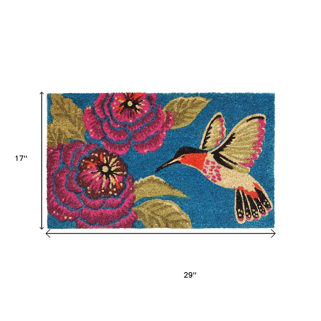 17" X 29" Blue Pink And Green Hummingbird Outdoor Coir Door Mat