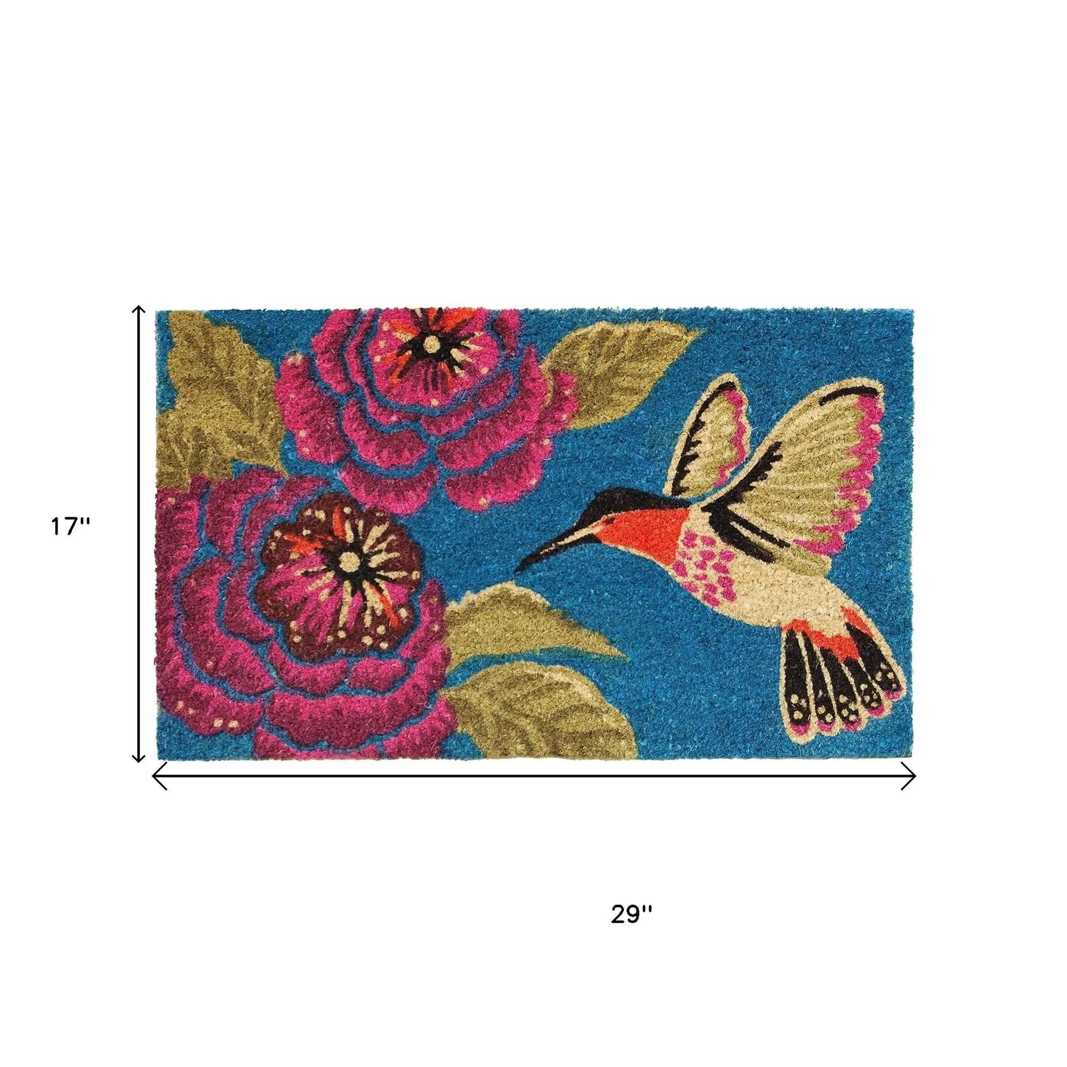 17" X 29" Blue Pink And Green Hummingbird Outdoor Coir Door Mat