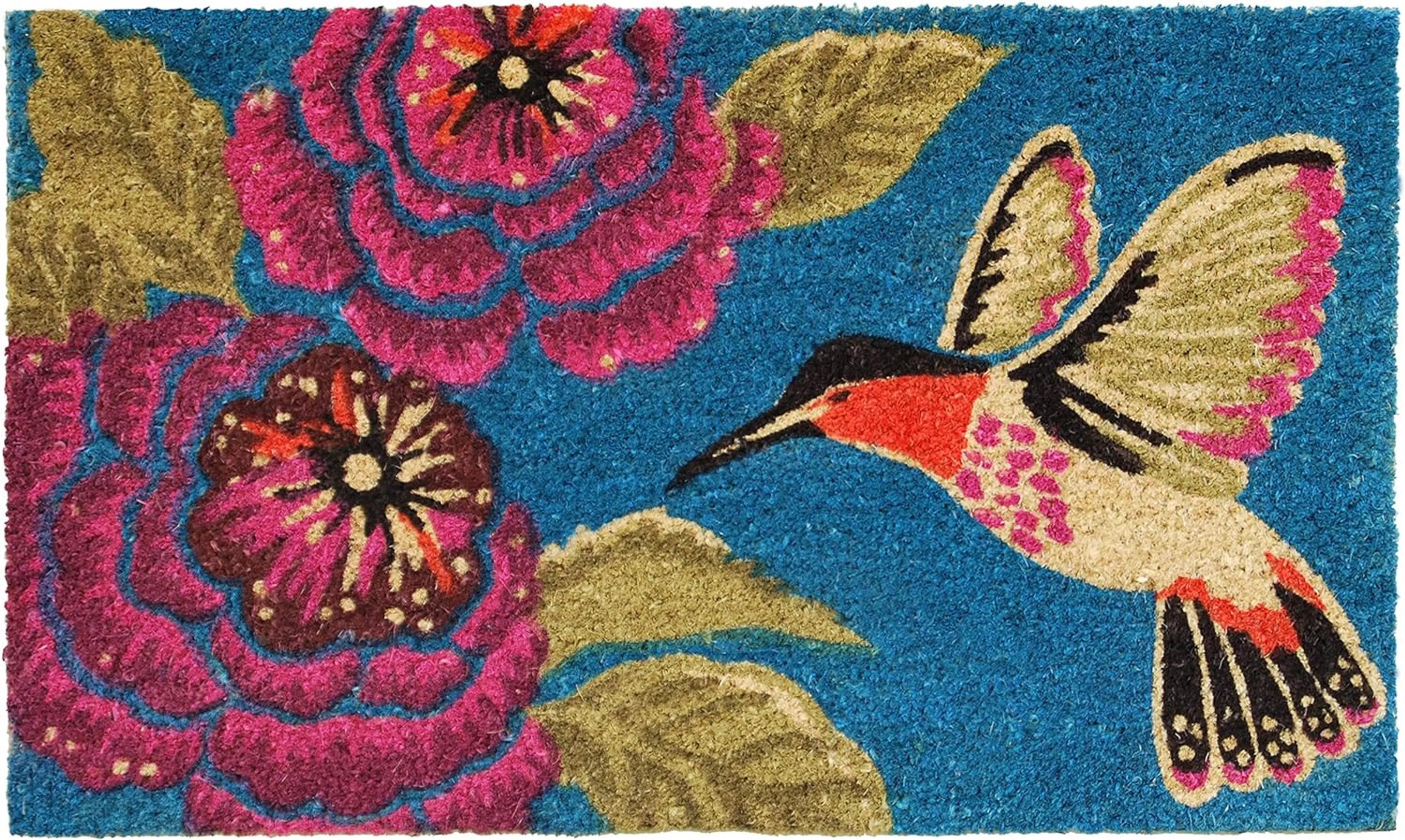17" X 29" Blue Pink And Green Hummingbird Outdoor Coir Door Mat