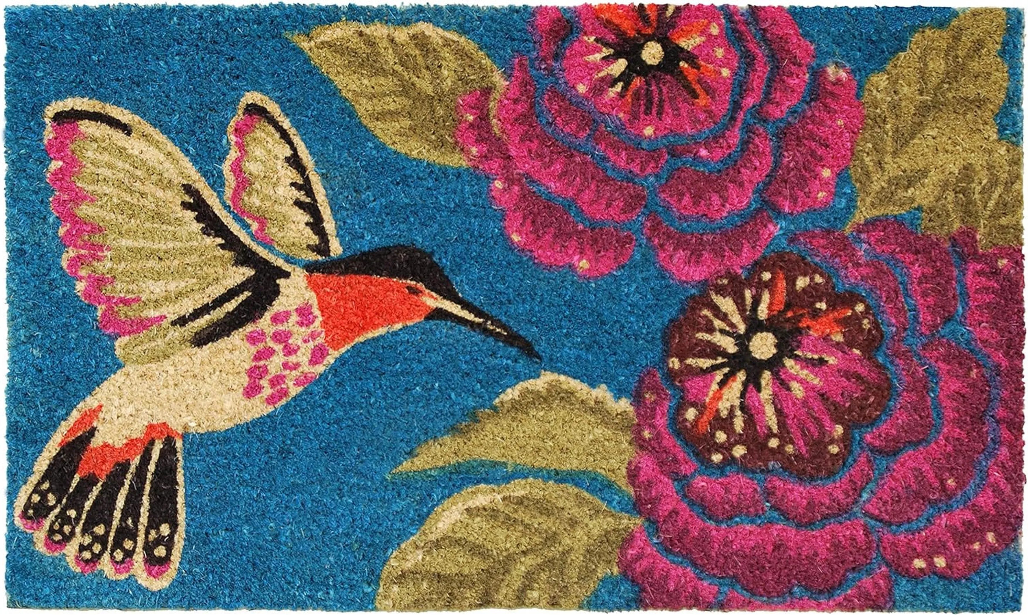 17" X 29" Blue Pink And Green Hummingbird Outdoor Coir Door Mat