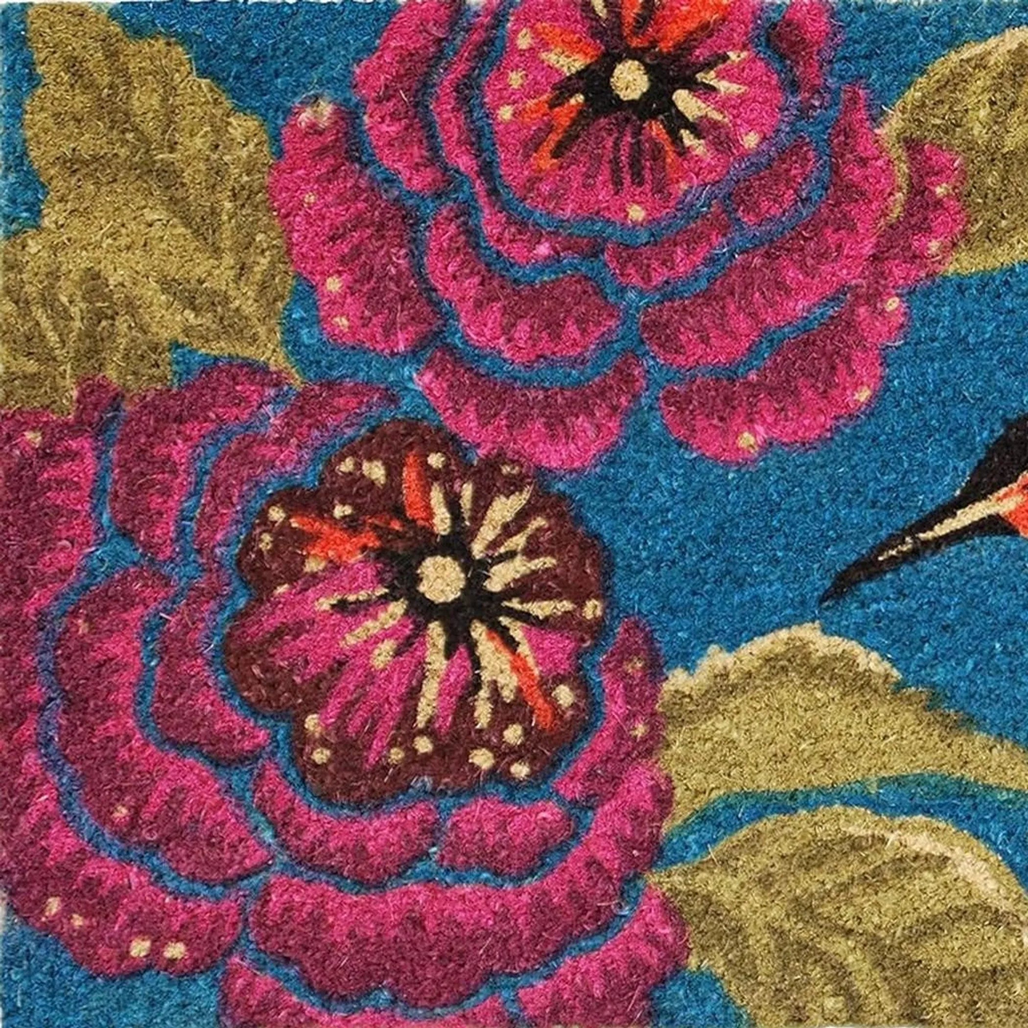 17" X 29" Blue Pink And Green Hummingbird Outdoor Coir Door Mat