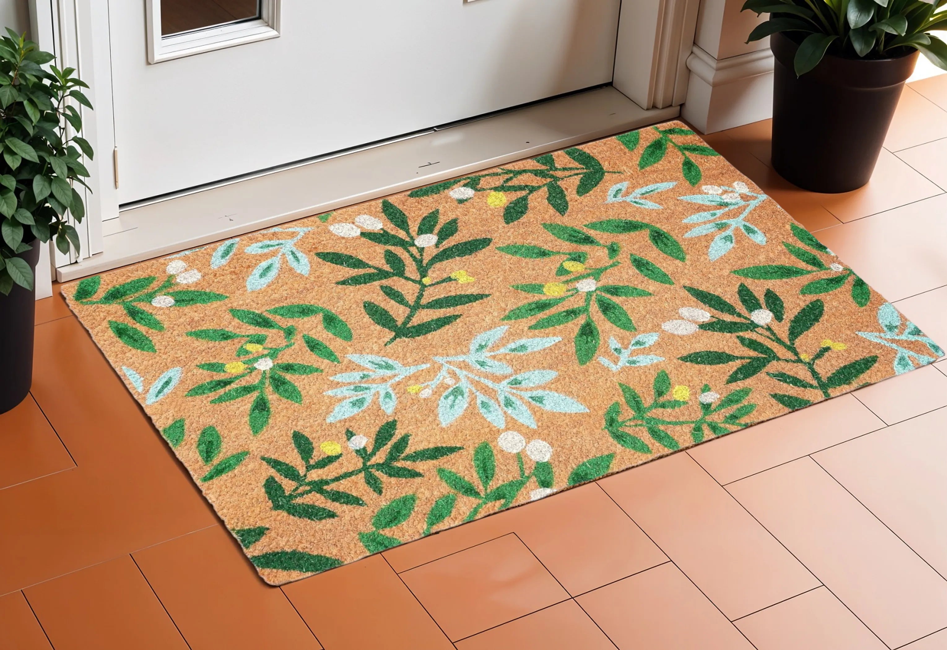 24" X 36" Natural And Green Botanical Leaves Outdoor Coir Door Mat