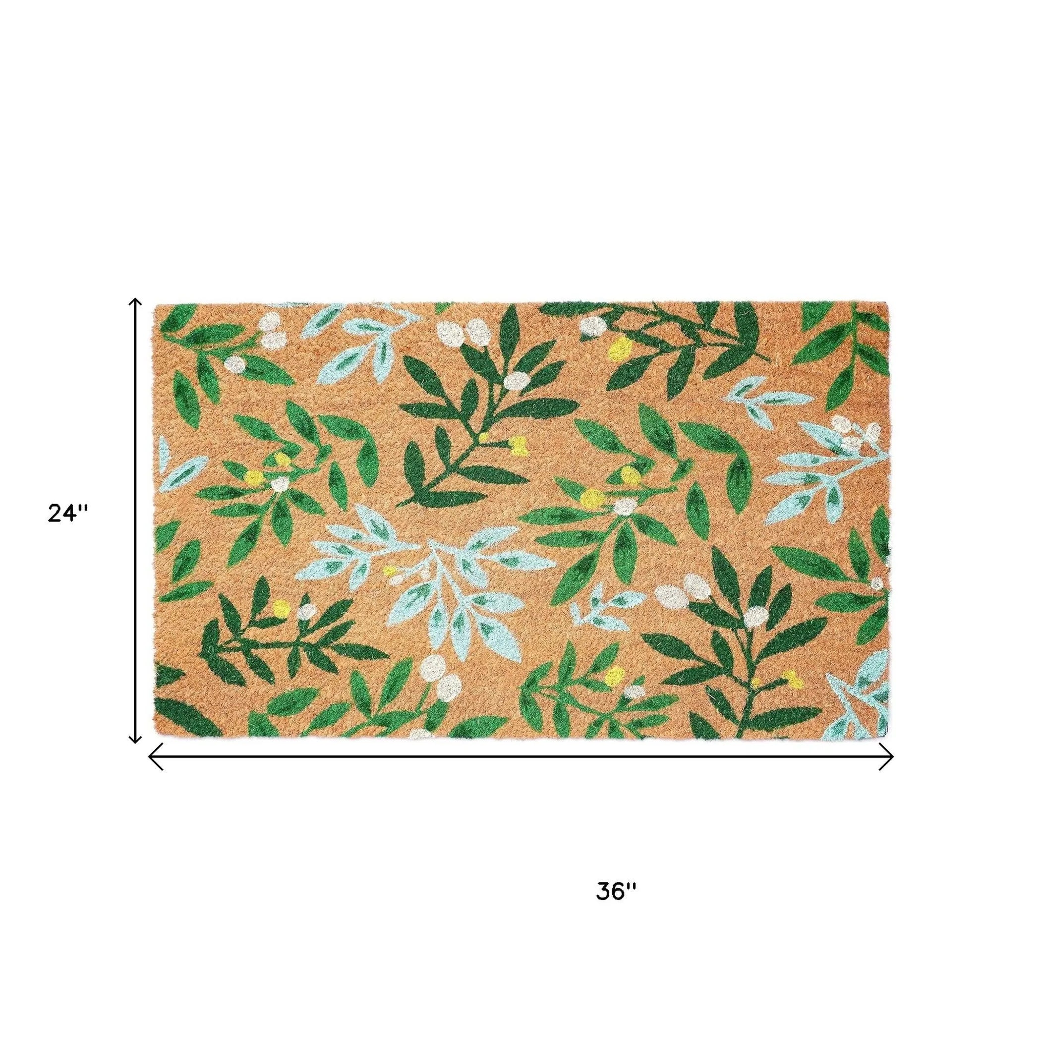 24" X 36" Natural And Green Botanical Leaves Outdoor Coir Door Mat