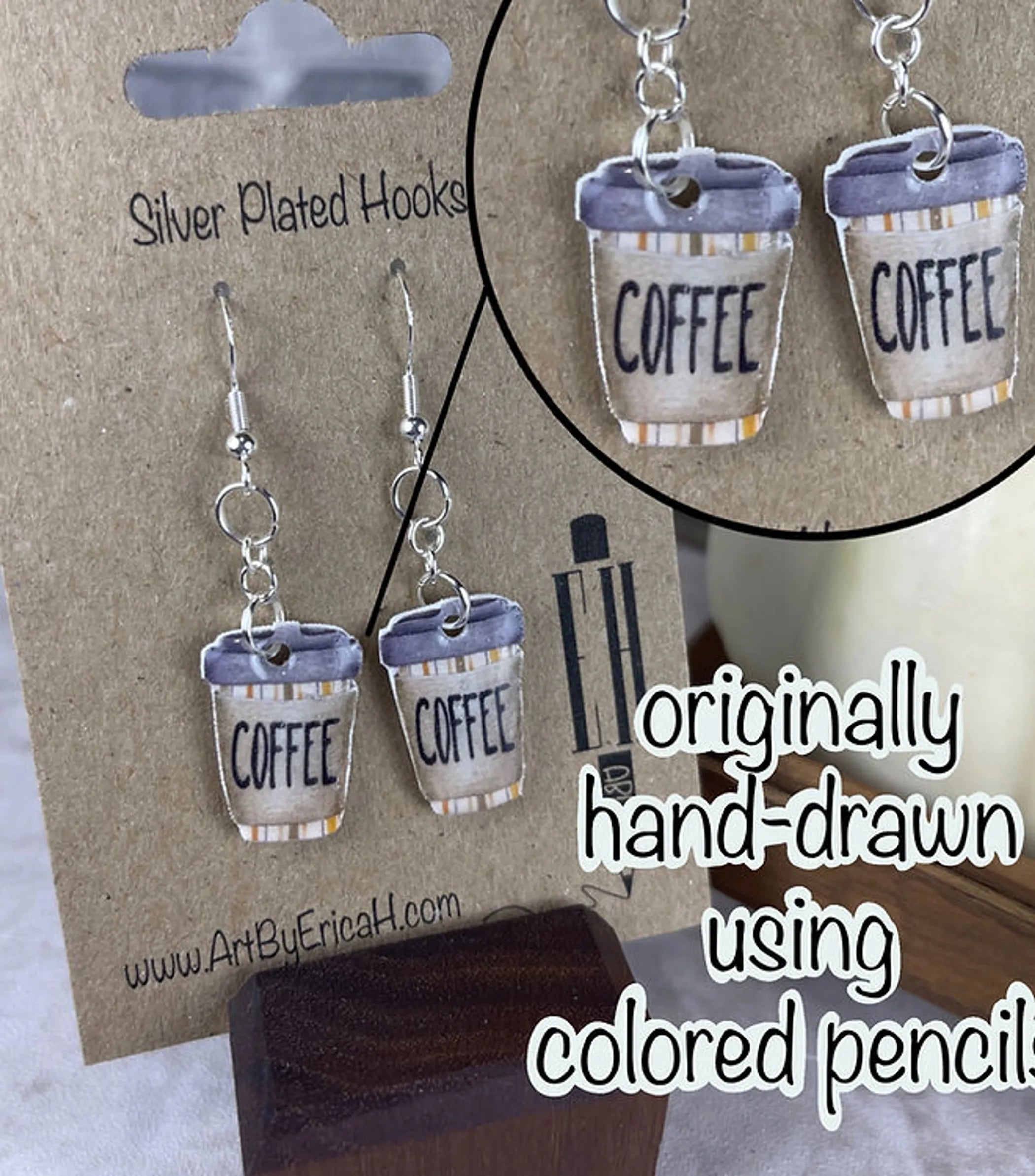Stripes - To-Go Coffee Cup Handmade Shrink Plastic Dangle Earrings
