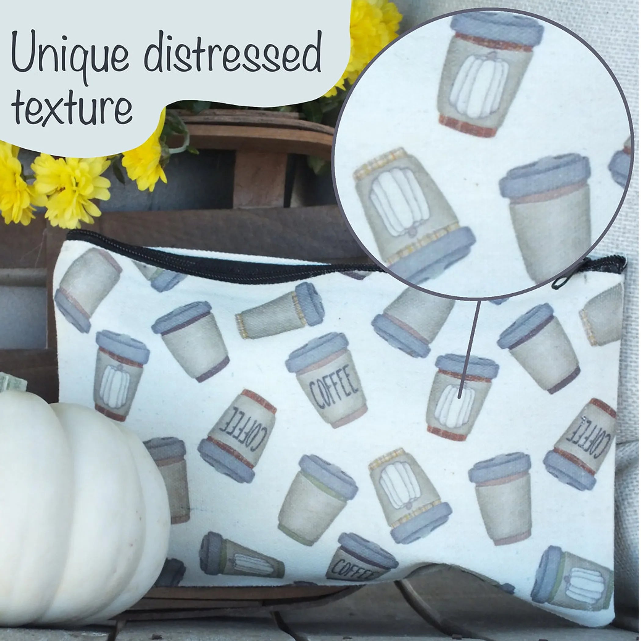 Distressed Pumpkin Spice Coffee Cup Zipper Pouch