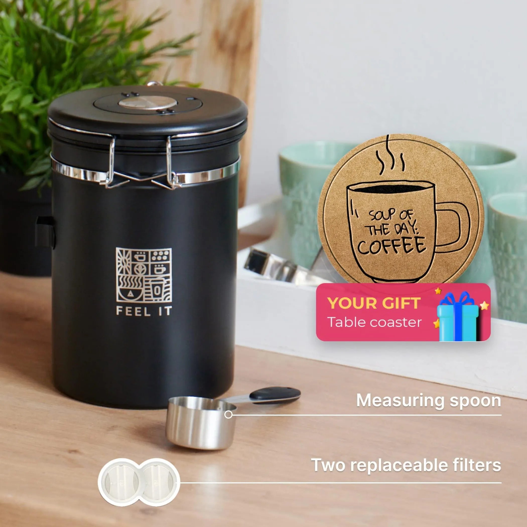Stainless Steel Coffee Canister 21oz Airtight Kitchen Food Storage Container with Date Tracker CO2 Release Valve and Measuring Scoop For Ground Coffee